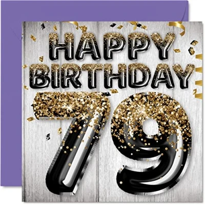 Image of 79th Birthday Card for Men Black &amp; Gold Glitter Balloons Happy Cards 79 Year Old Man Dad Great Grandad Grandpa Gran, 145mm x Seventy Nine Ninth Greeting Gift