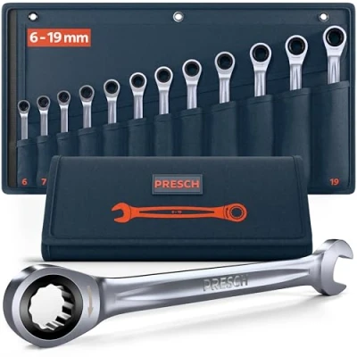 Image of PRESCH Ratchet Spanner Set 12 pcs. (6 19mm) incl. Bag Minimal Return Angle (up to 4, 90 Teeth) Precision Milled, Durable Ring spanners Robust Metric Wrench