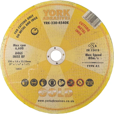 Image of York Abrasives Gold 230 X 1.8 22MM A 60 S BF Inox Reinforced Cut off Disc, Type 41 (Flat)