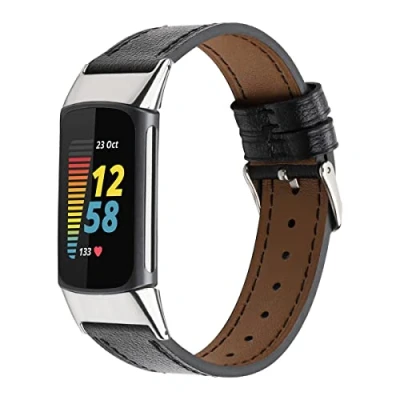 Image of INF Width 18mm Leather Strap Compatible with Fitbit Charge5 for Women Men Black