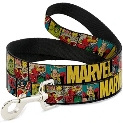 Image of Dog Leash Marvel Retro Comic Panels Black Yellow 6 Feet Long 1.5 Inch Wide