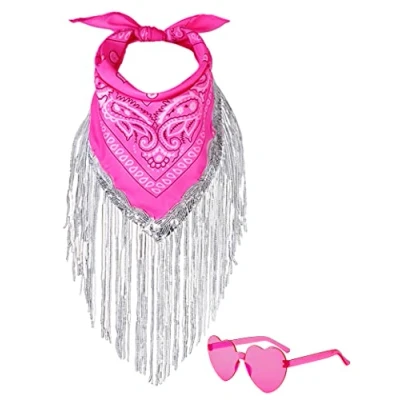 Image of JIANGLAI Fringe Bandana with Heart Sunglasses, Rhinestone Disco Cowgirl Decorations Outfit for Women Bachelorette Party (Hot Pink)
