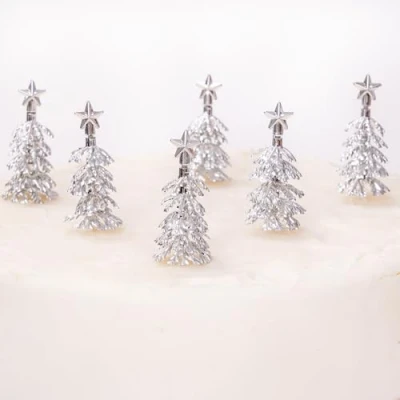 Image of Christmas cake topper Silver gold tree xmas Decoration Yule Log Cupcake Toppers Fir Trees Pack of 6 (Silver)