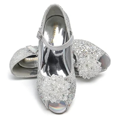Image of Elsa &amp; ANNA Girls Snow Queen Princess Fancy Dress Up Party Shoes 3cm Heel for Parties Birthdays, Cosplay High Heels​​ (SIL24) UK 8.5 Silver
