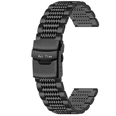 Image of Kai Tian 24mm Watch Strap Replacement Metal Band Bracelet for Mens Black Mesh Solid Deployment Clasp