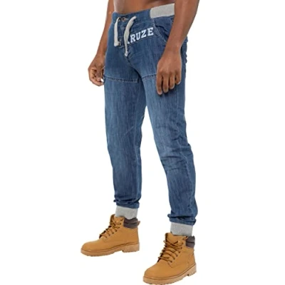 Image of Kruze Designer Mens Cuffed Jeans Elasticated Waist Jogger Style Denim Pants (UK, &amp; Inseam, 36, 32, Mid Stonewash)