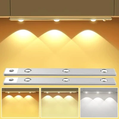 Image of OUILA 2 Pack Motion Sensor Under Cabinet Kitchen Lights, 30cm 1000mAh Dimmable 3 Color Temperature 10% 100% Brightness Light Indoor Magnetic Cupboard for Closet Stair Hallway