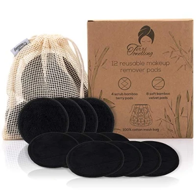 Image of Black Reusable Make Up Remover Pads 12 Bamboo and Cotton Laundry Bag Eco Friendly Zero Waste Washable Cleanser Mesh Terri Towelling