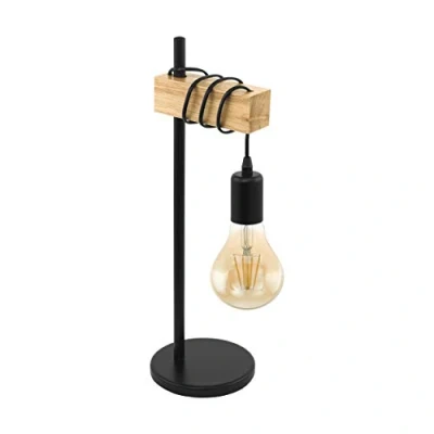 Image of Eglo Townshend 1 Flame Vintage/Industrial Design Table lamp, Retro Bedside kight Made of Wood and Steel, Black, Brown, Socket: E27, incl. Switch