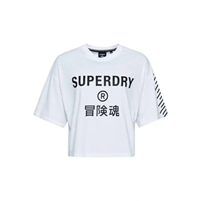 Image of Superdry Womens Core Logo Sport T Shirt, Oversized Fit, Cropped Design, Optic, 14
