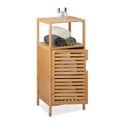 Image of Relaxdays Bathroom Cabinet, HxWxD: 87 x 36.5 33 cm, Narrow Shelf with Door, 2 Tiers, Commode, Natural Bamboo