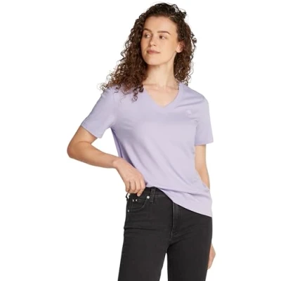Image of Calvin Klein Jeans Embro Badge V NECK TEE Basic Tshirt, Women&#039;s, Size: Small, Pastel lilac