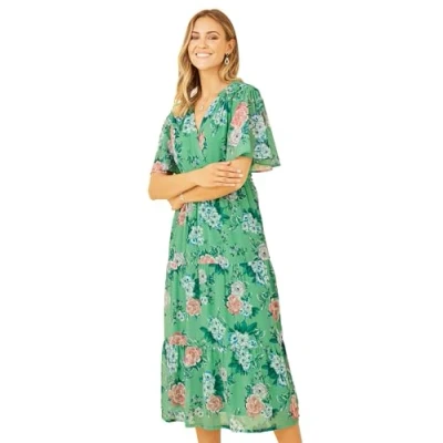 Image of Yumi Womens Navy Floral Wrap Midi Dress With Tiered Hem Green Size 10 UK
