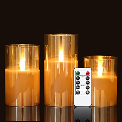 Image of Eldnacele Gold Glass Battery Operated Candles with Timer and 10 Key Remote, Flameless LED Real Wax Warm Light Flickering for Wedding Festival Home Christmas Decoration (Set of 3)