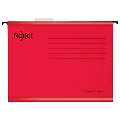 Image of Rexel Classic Foolscap Reinforced Suspension Files for Filing Cabinets 15 mm V base, 100 Percent Recycled Card, Red, Pack of 25, 2115592