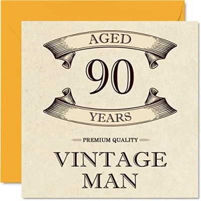 Image of Vintage 90th Birthday Cards for Men Aged 90 Years Fun Card Grandpa Dad Husband Uncle Brother Grandad, 145mm x Greeting Cards,