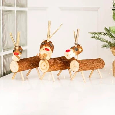 Image of Marco Paul 3pc Reindeer Family Christmas Decorations Rustic Log Set Ornaments for The Home Decor Table Centrepiece Xmas
