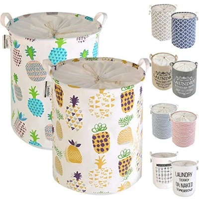 Image of LessMo 2 Pcs 17.7&quot; Laundry Basket, Foldable Basket Storage Sorter, Drawstring Waterproof Closure for Dust proof, Room, Large Cotton and Linen Fabric