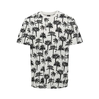 Image of ONLY &amp; SONS Men&#039;s Onskylen Reg Linen Palm AOP SS Tee T Shirt, Cloud Dancer, S