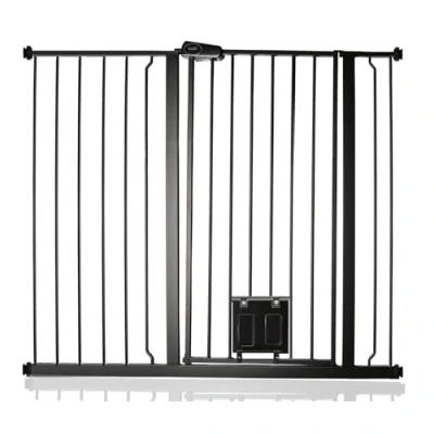 Image of Bettacare Pet Gate with Lockable Cat Flap, 113.8cm 121.4cm, Black, 104cm in Height, Extra Tall Dog Safety Barrier Easy Installation