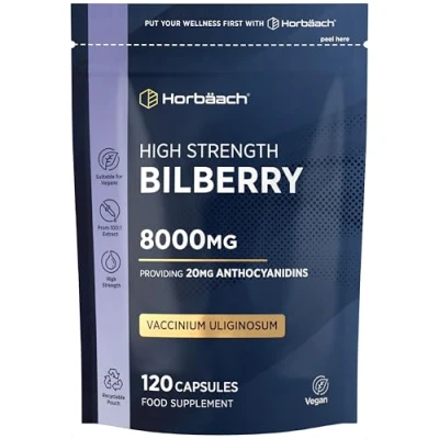 Image of Bilberry Extract 8000mg High Strength Supplement 120 Powder Capsules Suitable for Vegetarian &amp; Vegan by Horbaach