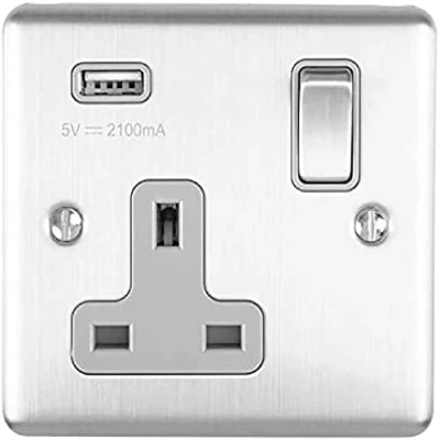 Image of Eurolite Enhance Decorative 1 Gang USB Socket Satin Stainless Finish with Grey Trim,