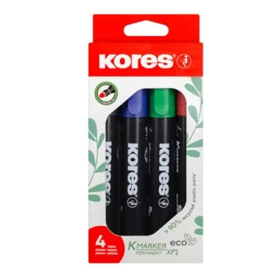 Image of Kores Coloured Permanent Marker Pens K XP1 Eco, Bullet Tip, Contains Recycled Materials Waterproof for All Surfaces School Supplies, Office Pen Pack of 4