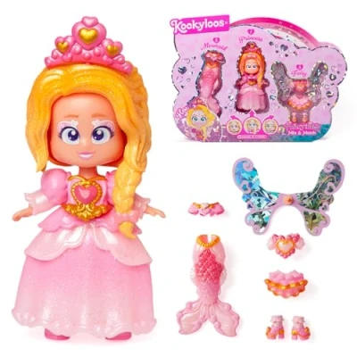 Image of KOOKYLOOS FAIRYTALE MIX and MATCH HEARTS 3 in 1 fantasy themed doll, Contains princess outfit, mermaid outfit fairy