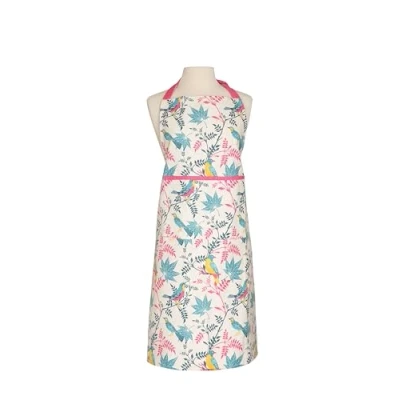 Image of Dexam RHS Kitchen Apron for Women, Cooking &amp; Baking, Organic Cotton, Adjustable Straps and Pocket, Stone with Botanical Bird Print