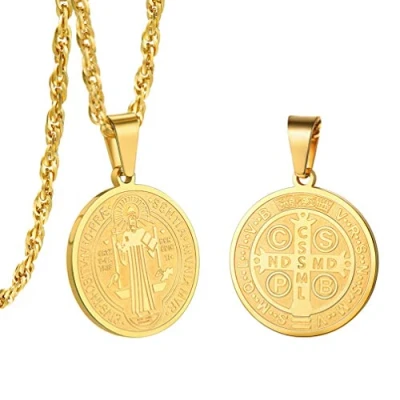 Image of PROSTEEL Men/Women Saint St Benedict Nursia Patron Medal Cross Religious Pendant Necklaces with Chain (Send Gift Box, Velvet)