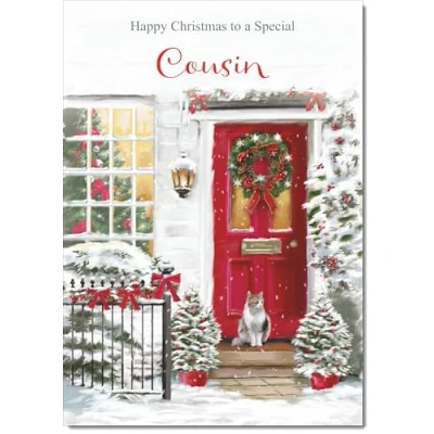 Image of doodlecards Cousin Christmas Card Red Door Medium Size with Plain Envelope, 21 x 15cm
