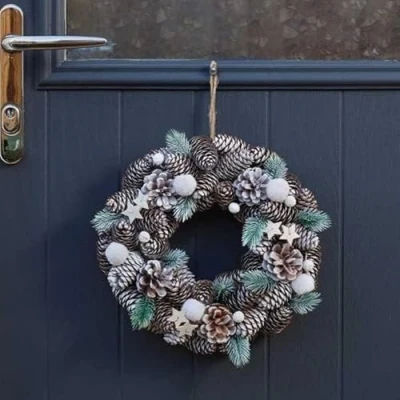 Image of Marco Paul Artificial Luxury Christmas Wreath Hanging Door Decoration Indoor Outdoor Snow Frosted Baubles Berries Home Decor Durable Traditional Decorations (30cm Pinecones)