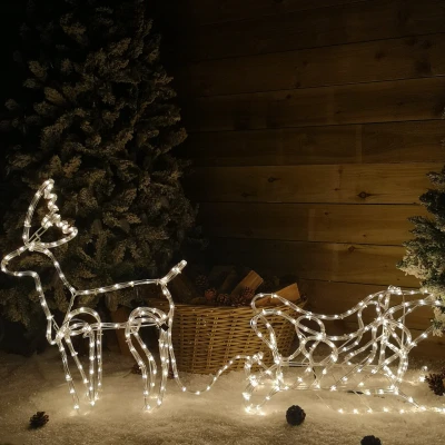 Image of 1.4m LED Rope Light Reindeer with Sleigh Christmas Decoration in White