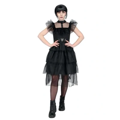 Image of Smiffys Adult Gothic Prom Costume Dress with Mesh Frills, Halloween Fancy Dress, Schoolgirl Up Costumes