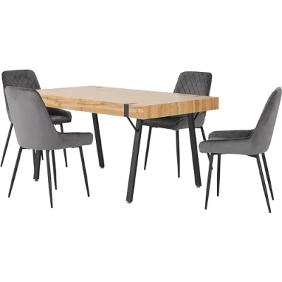 Image of Seconique Treviso Dining Table Set with 4 Avery Chairs in Light Oak Effect/Grey Velvet