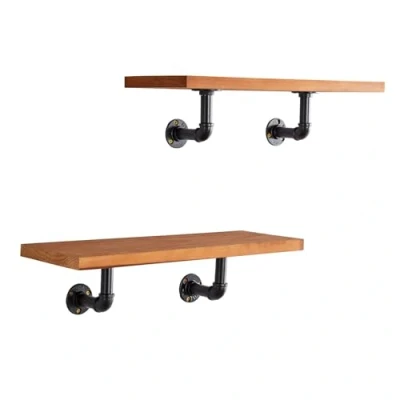 Image of Home Source Industrial Metal Pipe Wall Mounted Storage Shelves, Paulownia Wood, 2 Pack, 61cm