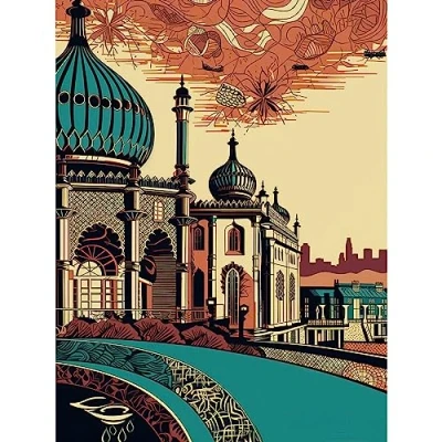 Image of Artery8 Brighton City Royal Pavilion Ornate Illustration Large Wall Art Poster Print Thick Paper 18X24 Inch