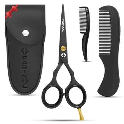 Image of FABINOC® 5&#039;&#039; Beard and Moustache Scissors with Comb &amp; Pouch Eyebrow, Ear Nose Small Hair German Quality Stainless Steel Mustashe Grooming Kit (Black)
