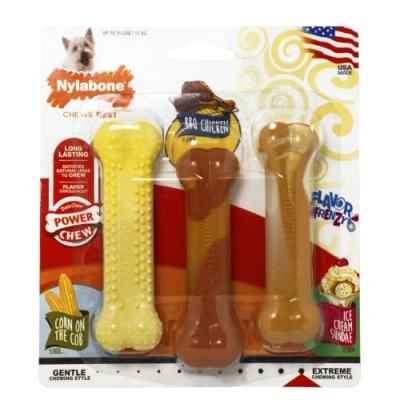 Image of Nylabone Tough Dog Chew Toy Bones, BBQ Chicken/Corn on the Cob/Ice Cream, Variety Pack, 3 Piece, S, For Dogs Up To 11 kg