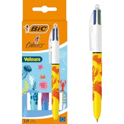 Image of Bic 4 Colours Velours Ball Pens Medium Point (1.0 mm) Assorted Barrel Designs, Pack of 3, Black