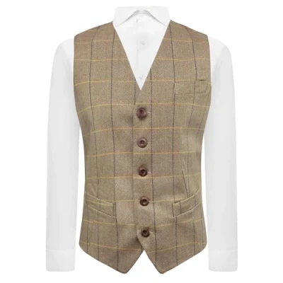 Image of King &amp; Priory Herringbone Check Waistcoat, Light Oak Brown, Large 42in Chest