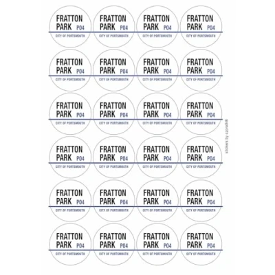 Image of Fratton Park City of Portsmouth PO4 Road Sign Circular Matt Paper Stickers A4 Sheet 24 (Each Sticker is 45mm Diameter)