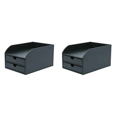 Image of OSCO Black Faux Leather 2 Tier Sorter with Letter Tray Pack A4 Drawers Desk Tidy Document Storage Paperwork Organiser File Holder 35 x 25 18.5 cm
