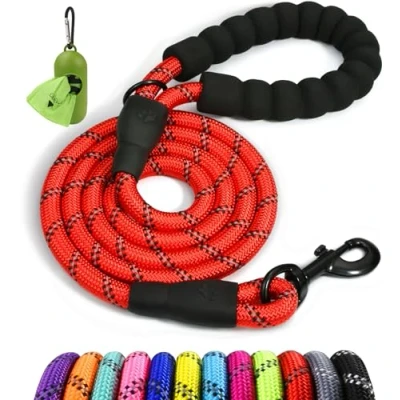 Image of Taglory Rope Dog Lead with Soft Padded Handle, 1.5 m Reflective and Multi Colour for Medium Large Dogs, 1.2 cm, Red