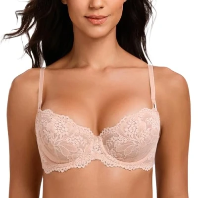 Image of MELENECA Women&#039;s Sexy Lace Push Up Plus Size Sheer Balconette Underwire Unlined Bra Beige 36D