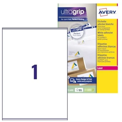 Image of AVERY 15 Custom White Self Adhesive Address Labels No Jam Format 199.6 x 289.1 mm Laser Printing