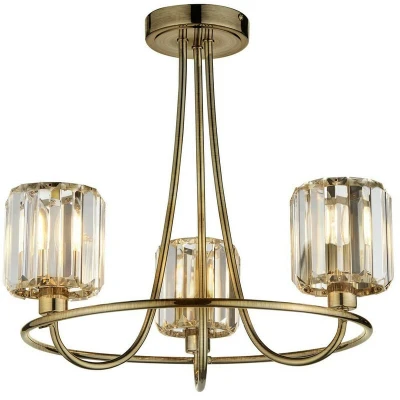 Image of Berenice 3 Light Multi Arm Glass Shade Semi Flush Ceiling Lamp Antique Brass
