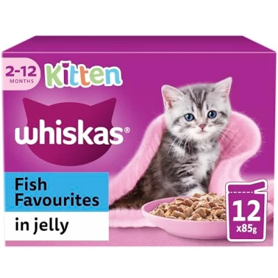 Image of WHISKAS 2 12mths Cat Pouches Fish Favourites in Jelly, Pack of 4 (12 x 85 g)