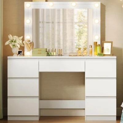 Image of WOLTU Dressing Table with LED Lights, Adjustable Brightness, Vanity Makeup Desk Large Mirror and 7 Drawers, 110 x 140.5 39.5 cm, White Bedroom Dresser Cosmetic Table, MB6099ws