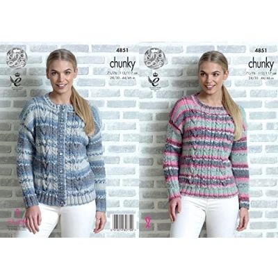Image of King Cole Womens Chunky Knitting Pattern Ladies Cable Knit Sweater &amp; Cardigan (4851)